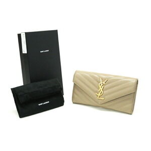 Saint Laurent Flap Wallet Leather V Stitching YSL Cassandra Beige